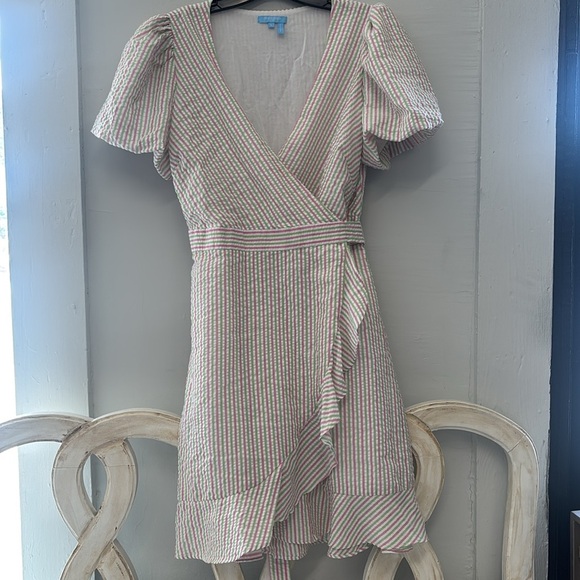 DRAPER JAMES Puff Sleeve Wrap Pink Green Stripe Preppy Dress Size Large - Picture 2 of 7